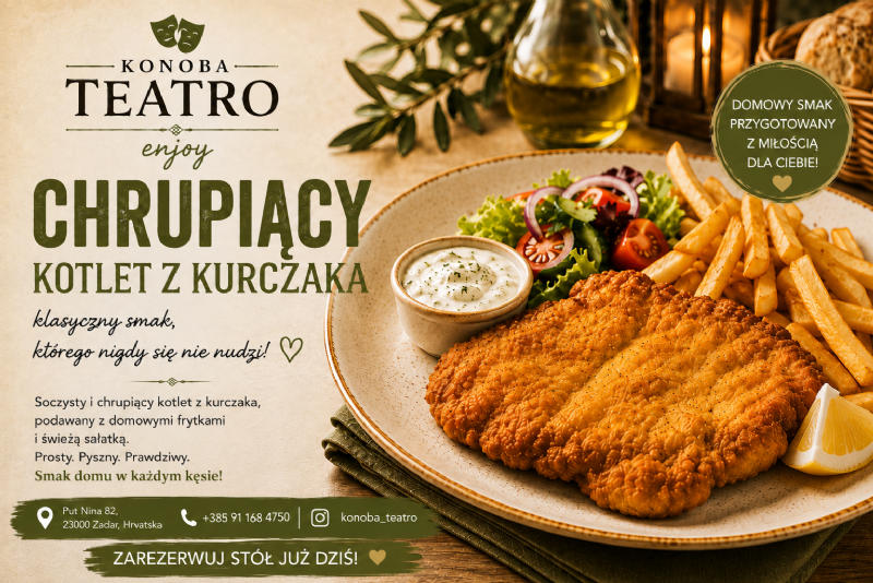 Chrupiący kotlet z kurczaka – soczysty w środku i idealny na domowy obiad lub kolację w Konobie Teatro w Zadarze